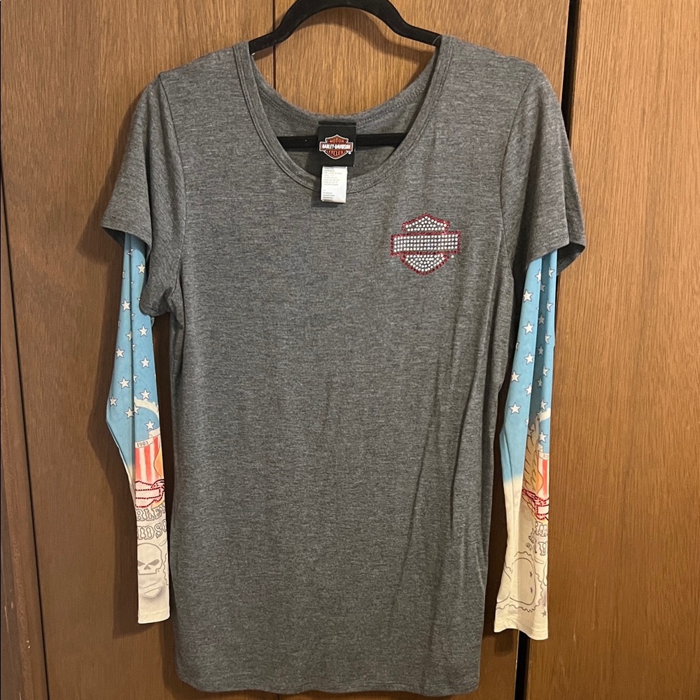 Harley-Davidson Gray Shirt with Blue and Tan Graphic Sleeves